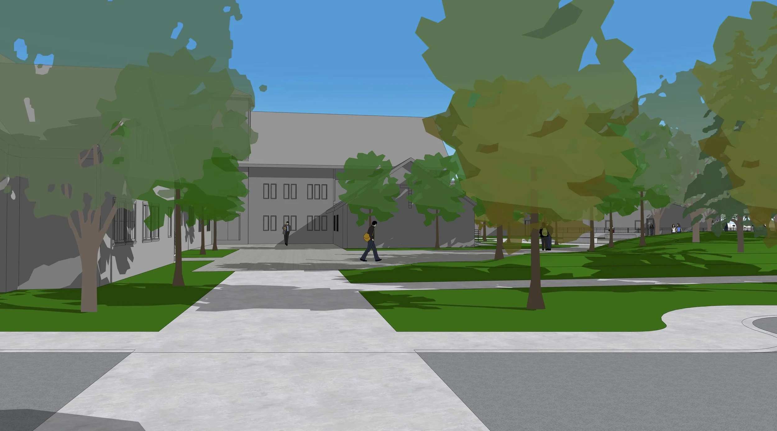 A digital illustration of an outdoor campus scene with trees, a gray building, and people walking along sidewalks under a blue sky.