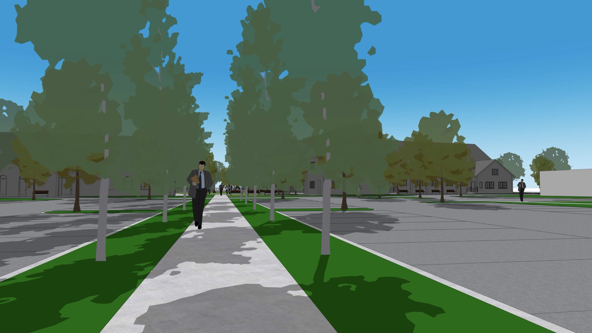 A digital illustration of a park pathway lined with green grass, trees, and street lamps, with people walking and houses in the background.