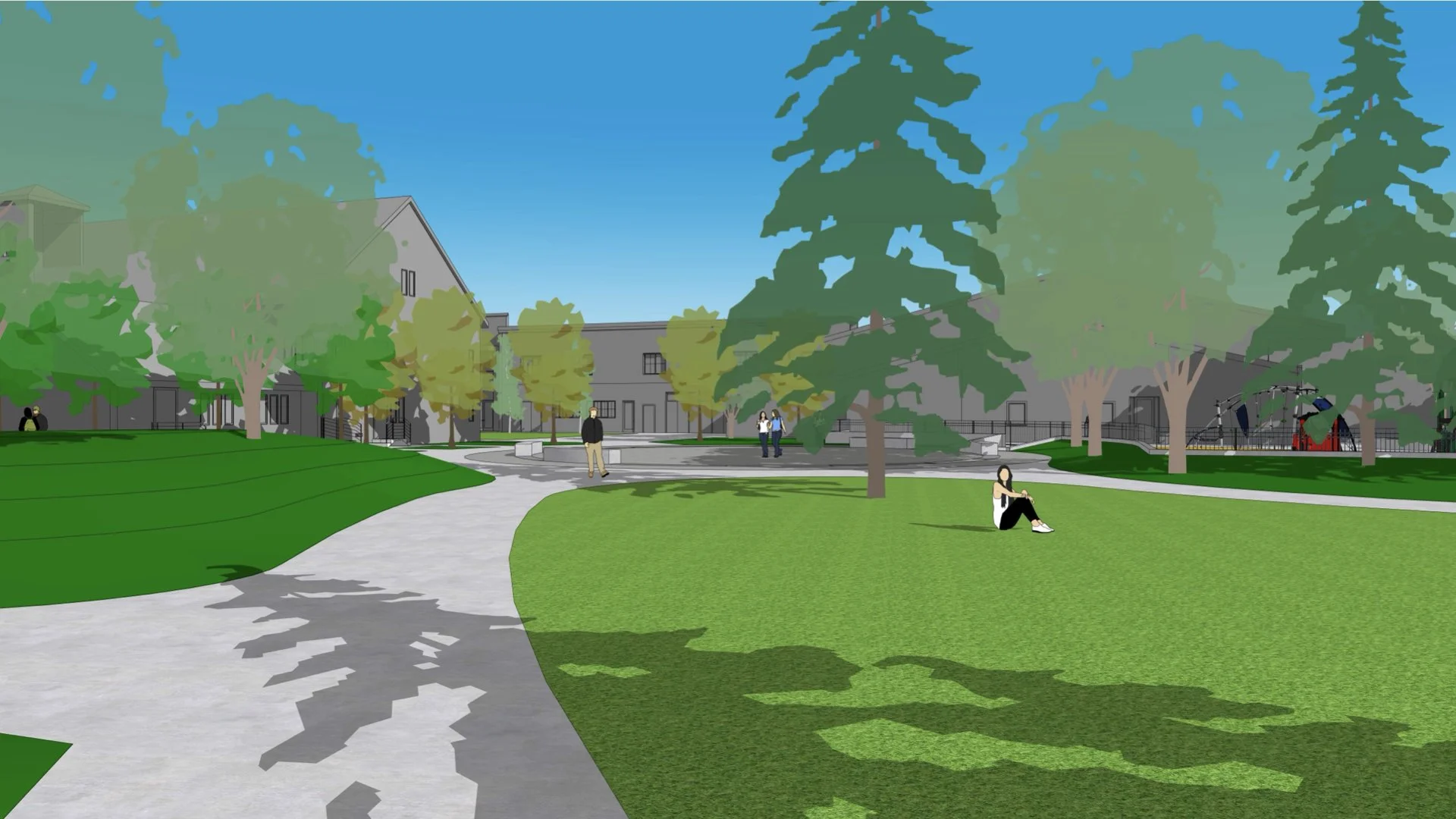 Digital illustration of a park with trees, walking paths, grass, playground, and people relaxing and walking.