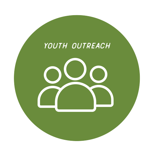 Green circular logo with white outline of three people, with the text 'YOUTH OUTREACH' above the figures.