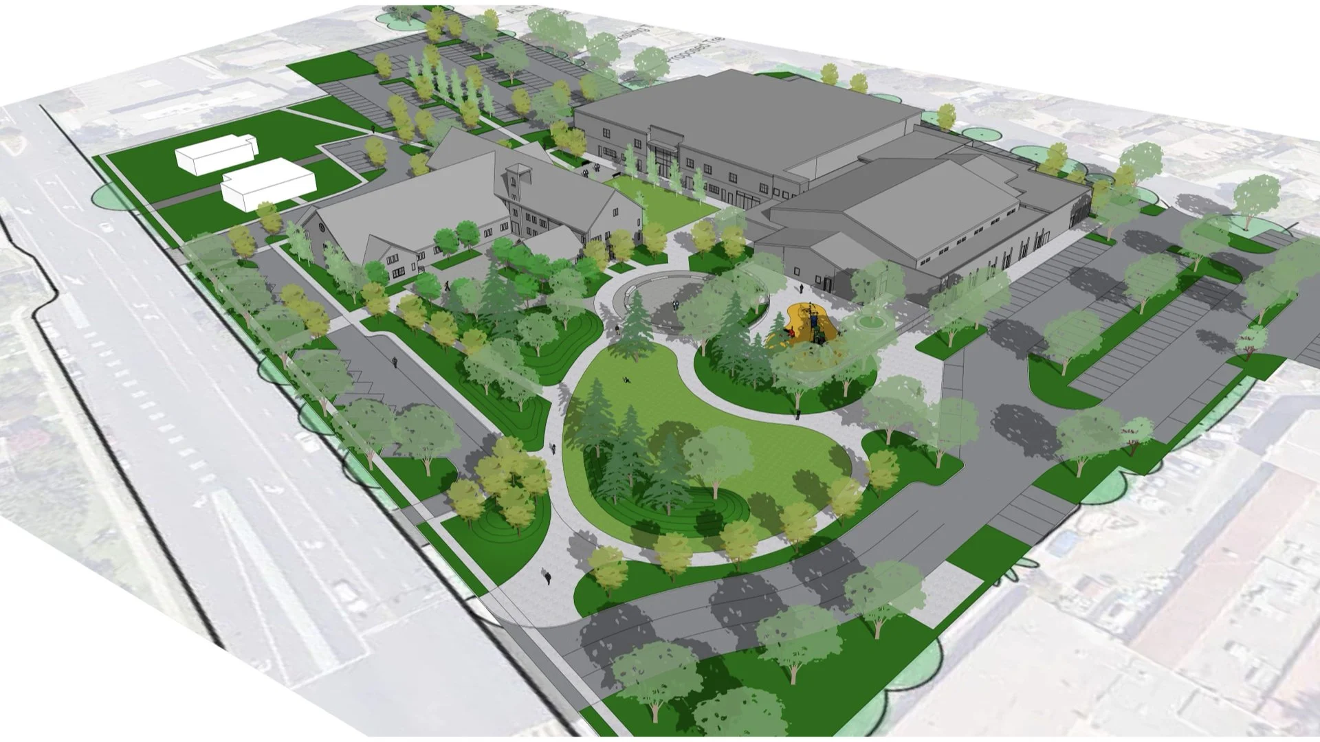 A detailed digital rendering of an urban park development project featuring pathways, green spaces, trees, a playground, parking lots, and modern buildings.