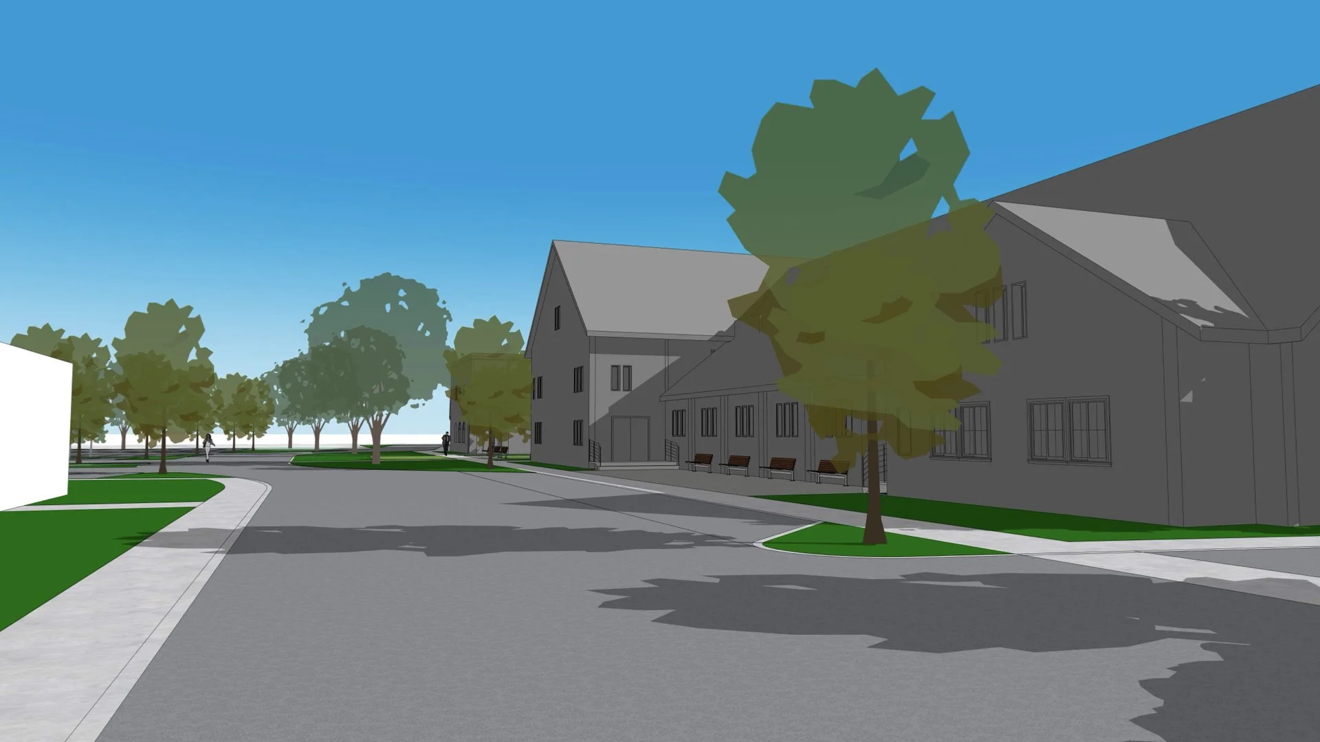 A digital rendering of a quiet residential street with trees, sidewalks, grass patches, and multi-story houses, under a clear blue sky.