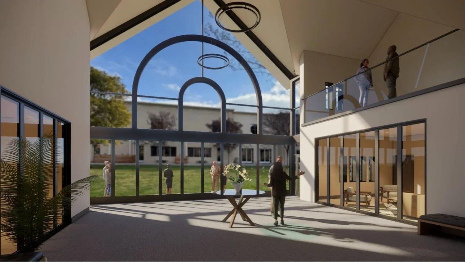 Interior rendering of a modern building with large glass windows, a high ceiling, and a mezzanine with two people talking. Outside, a few people are visible on the lawn, and the sky is partly cloudy.