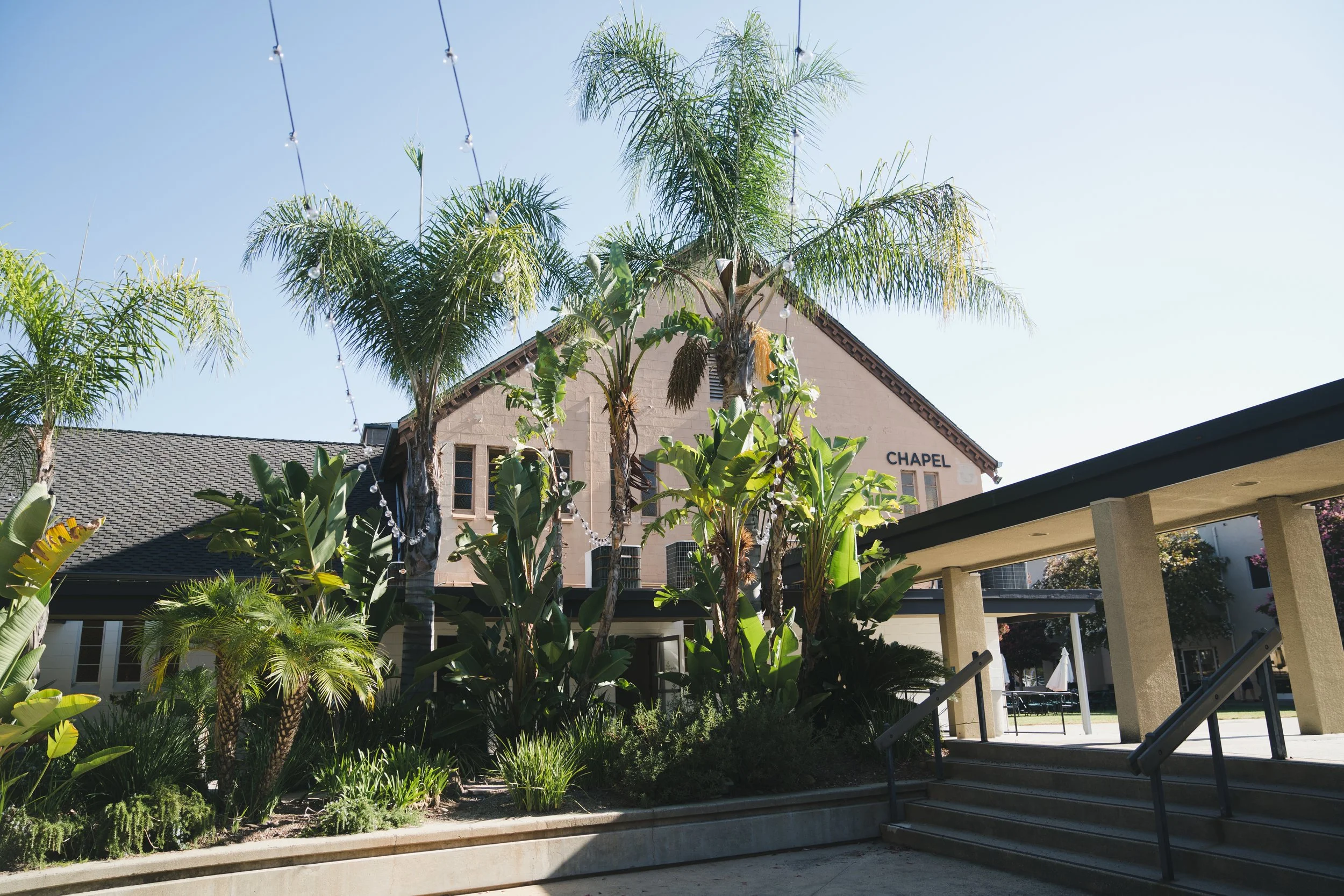 A courtyard with lush green plants and tall palm trees, a building labeled 'Chapel' in the background, string lights hanging from the trees, and stairs leading up to a covered area.