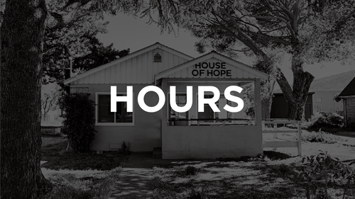 The House of Hope building with trees in front and the word 'HOURS' overlaid on the image.