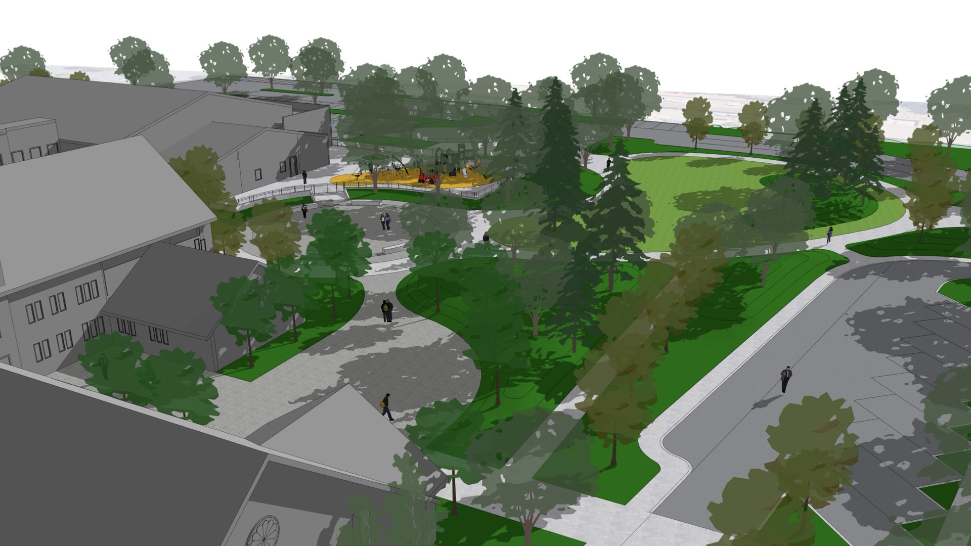 A digital rendering of an outdoor park with pathways, green lawns, trees, and a playground area, surrounded by residential buildings and parking spaces.