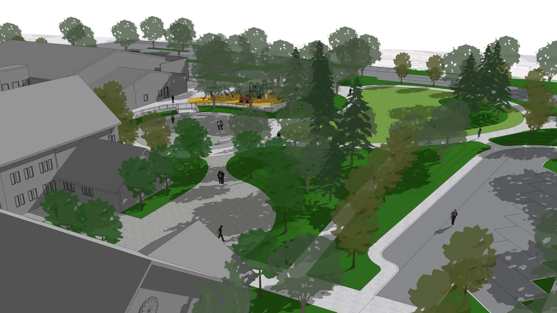Digital rendering of a park with pathways, green lawns, and numerous trees surrounding buildings, with a playground area visible in the background and several people walking around.