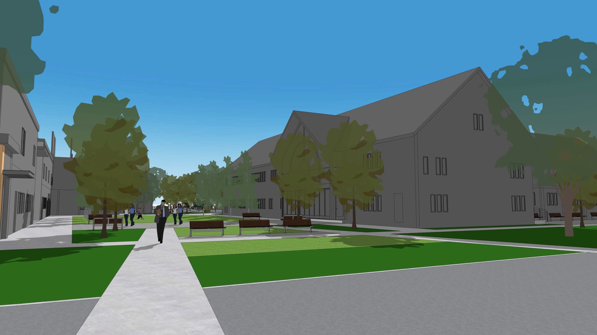 Digital illustration of a college or university campus with green lawns, trees, benches, buildings, and students walking on pathways under blue sky.