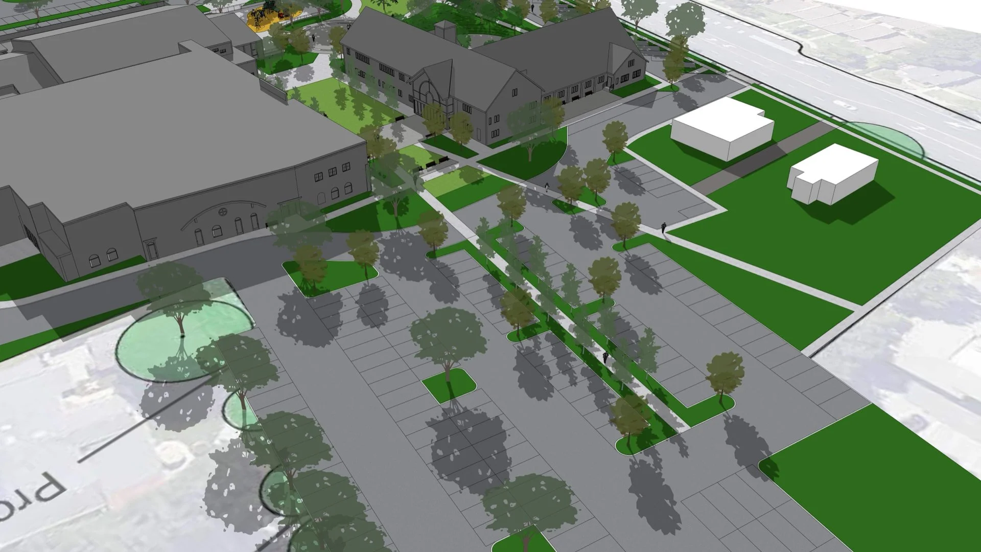 Computer rendering of a planned urban development showing buildings, parking lots, sidewalks, and landscaping with trees and grassy areas.
