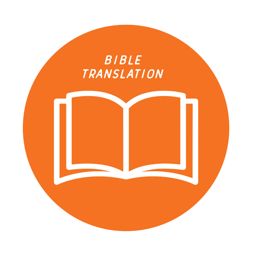 Orange circular icon with a white outline of an open Bible and the text 'Bible Translation' above it.