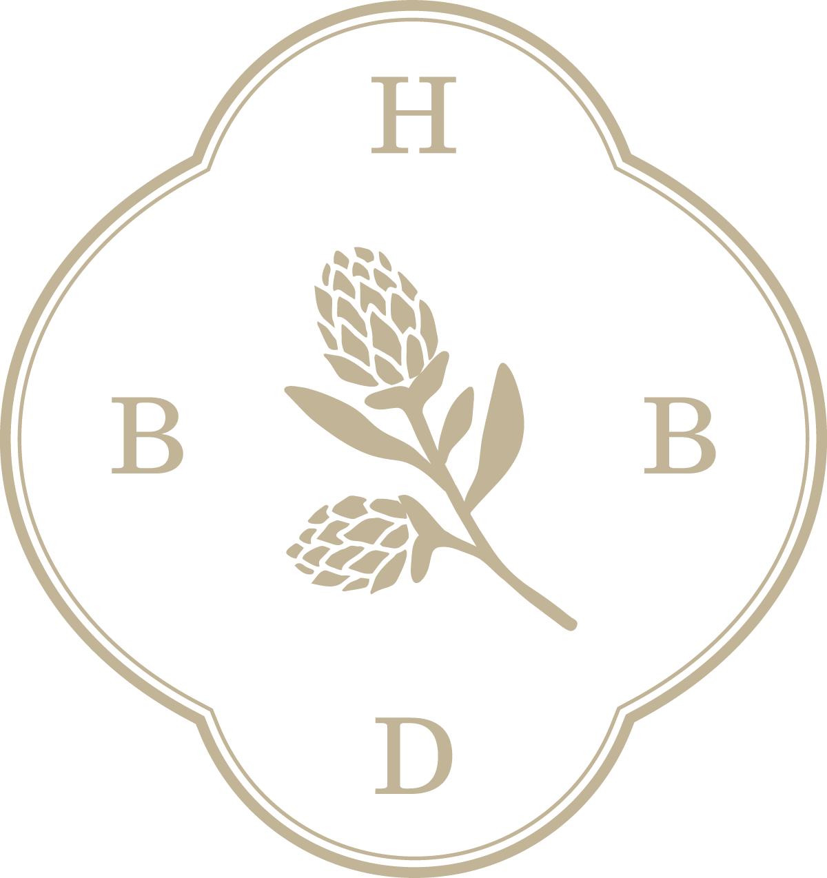 Design featuring a plant illustration, enclosed in an ornate oval shape. The letters B, D, H, and B are placed around the illustration.