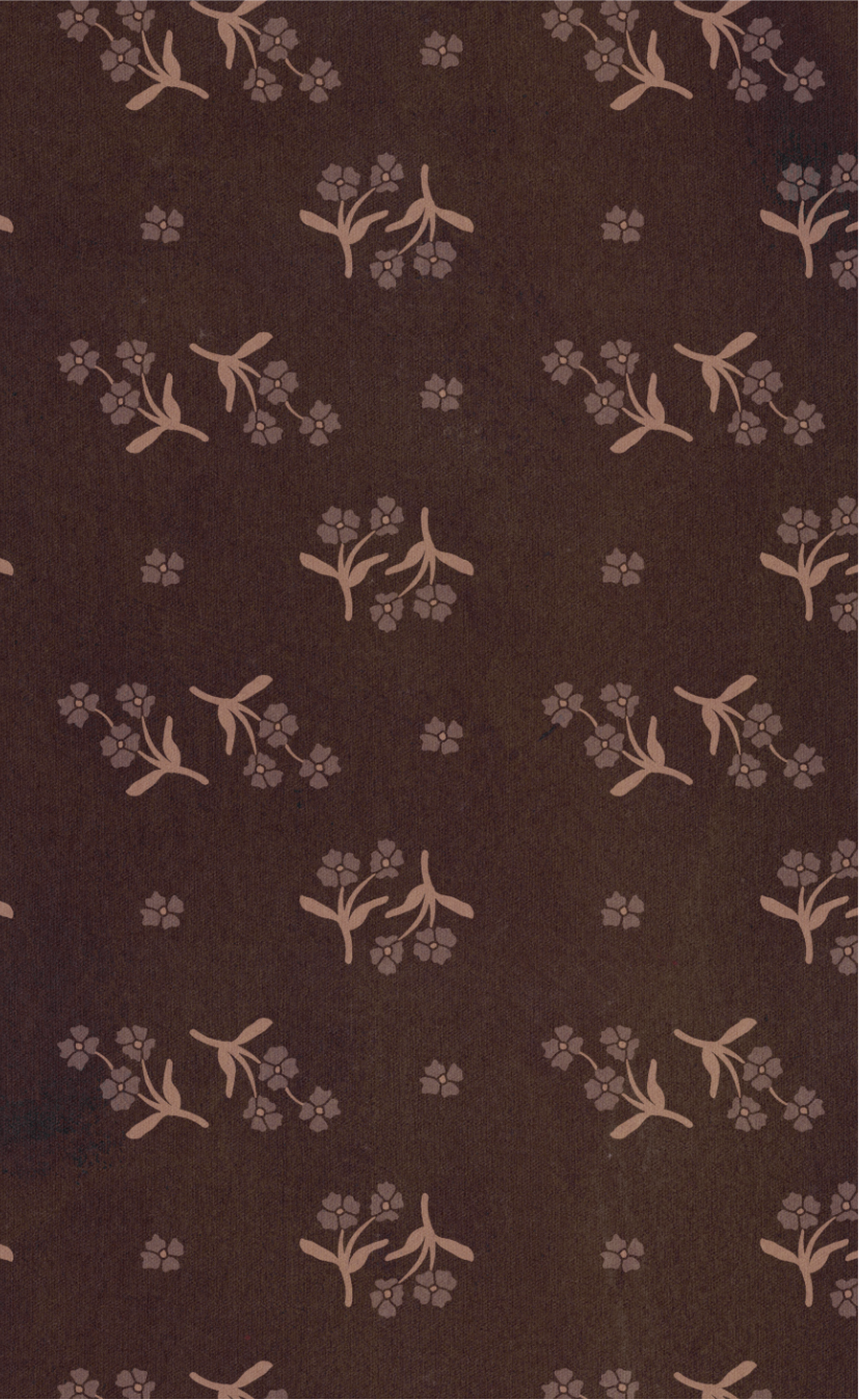 Close-up of brown fabric with small pink floral pattern.