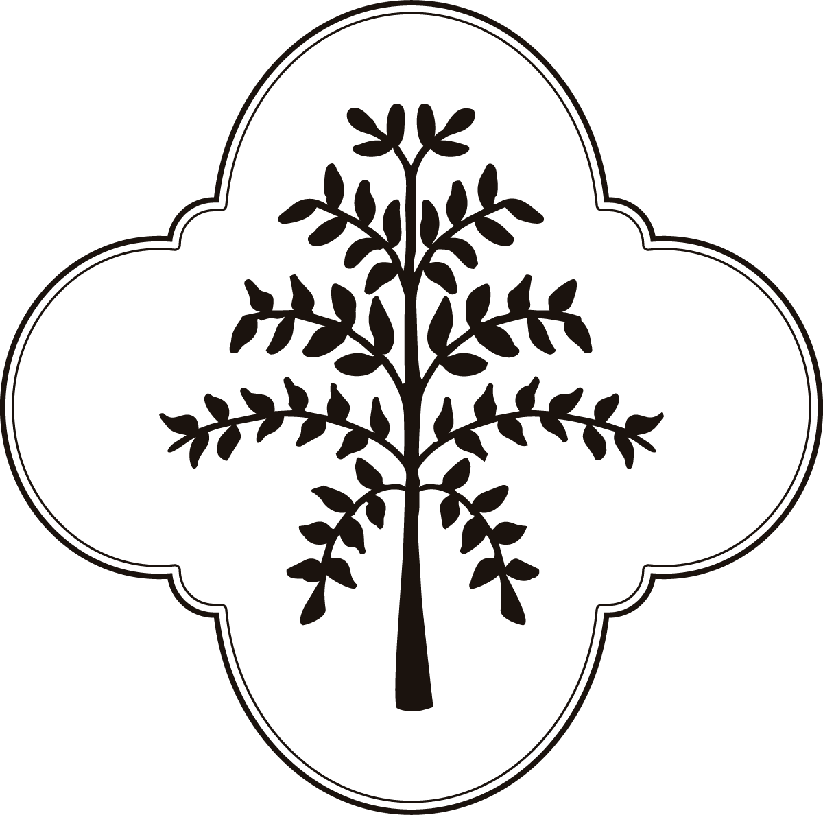 A stylized, black tree with a symmetrical design, centered within a decorative, rounded square outline.