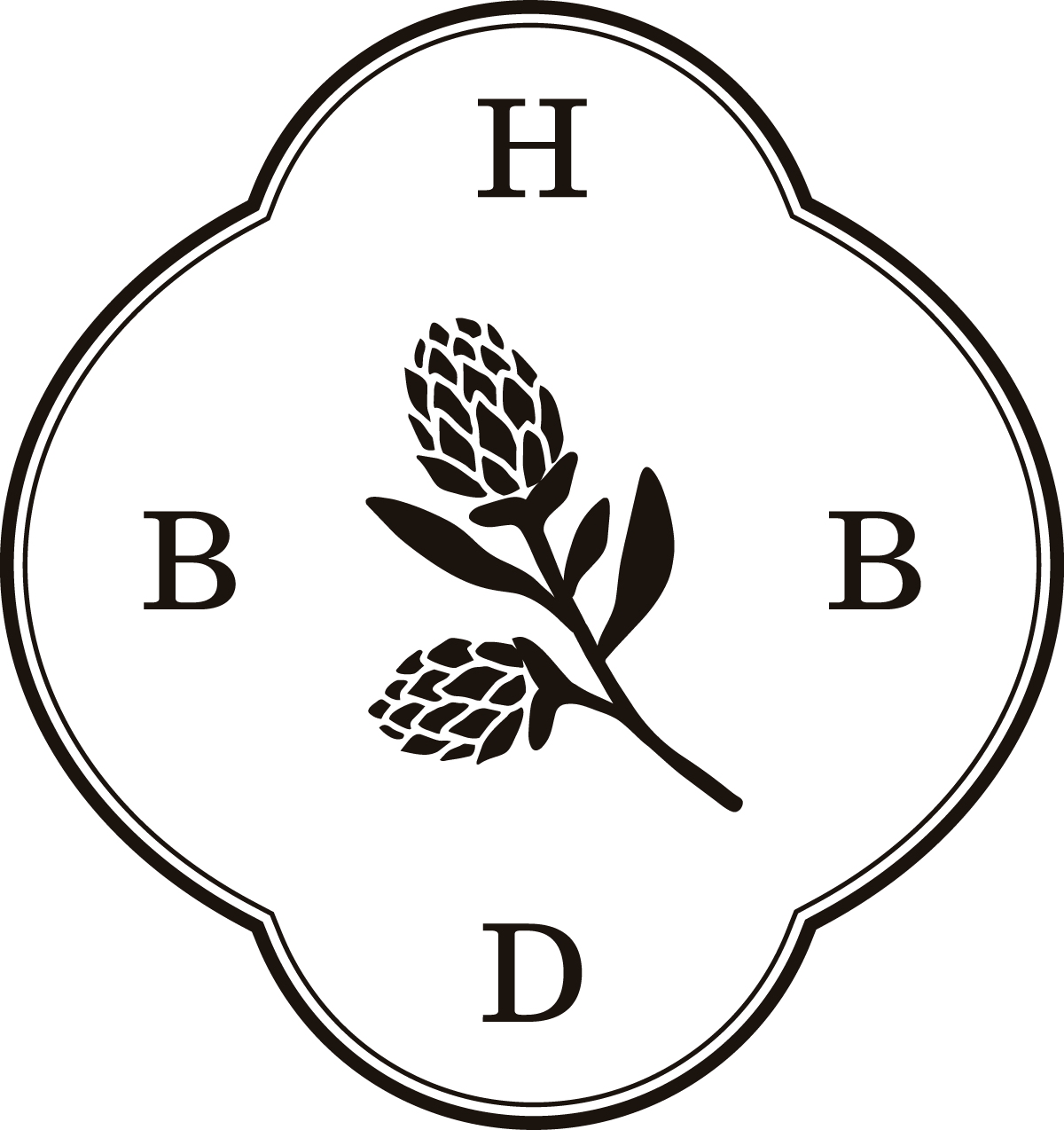 Logo with two hops and the letters H, B, B, D arranged around a central hop illustration.
