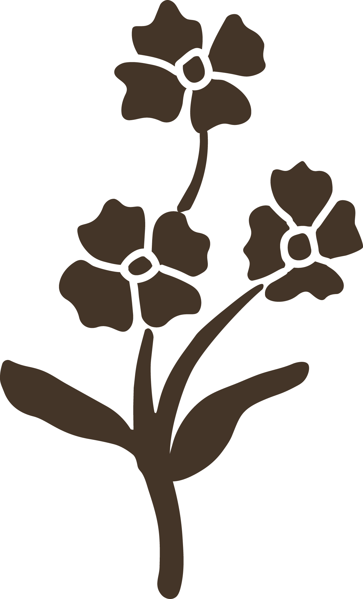 Brown illustrated flower with four petals, a circular center, and a curved stem, depicted in a simple, stylized design.
