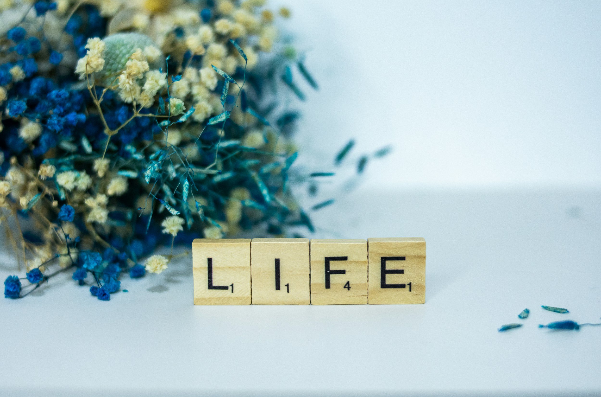 4 wooden blocks similar to scrabble with the letters L I F E in a row to spell LIFE