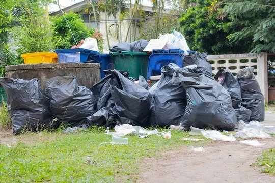 A pile of black trash bags and various colored trash bins on a lawn.