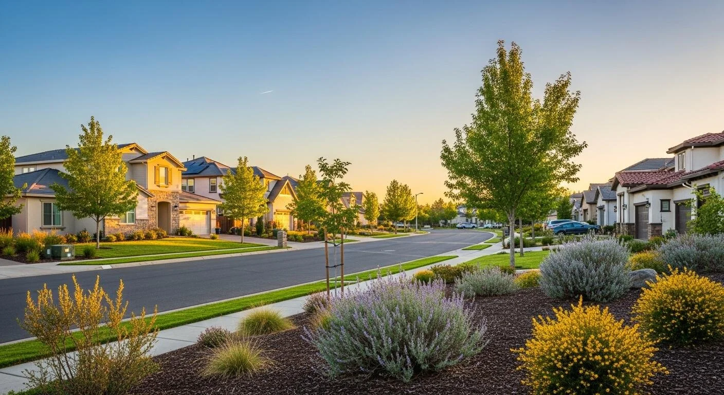 A residential neighborhood with modern houses, a tree-lined street, and well-maintained yards and landscaping during sunset.