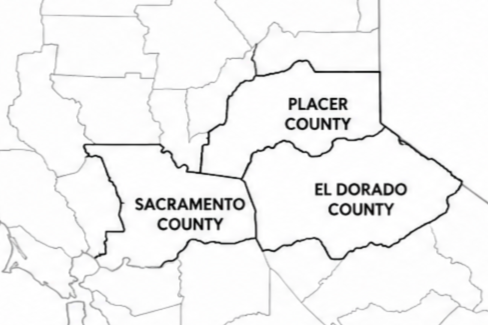 Map showing Sacramento County, Placer County, and El Dorado County in California.