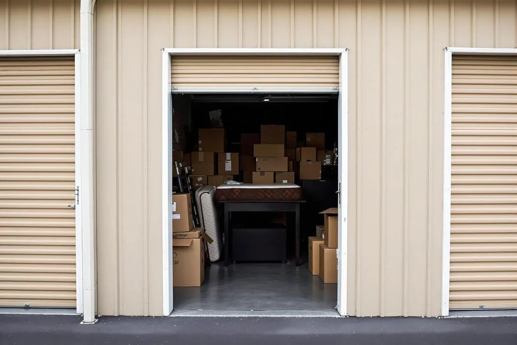 Storage unit filled with cardboard boxes, a mattress, a table, and various other items.