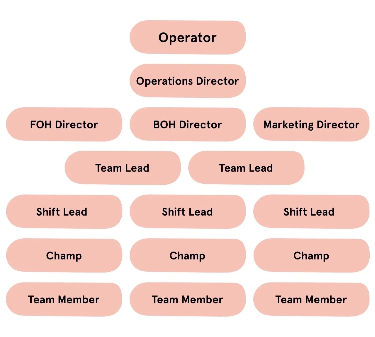 Organizational chart showing hierarchical positions including Operator, Operations Director, FOH Director, BOH Director, Marketing Director, Team Lead, Shift Lead, Champ, and Team Member.