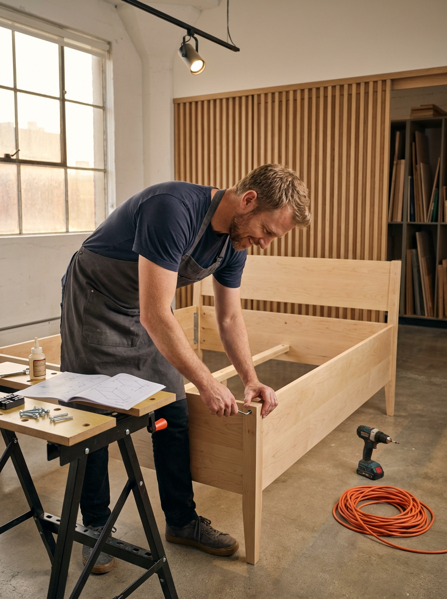 A man working on assembling a wooden bed frame in a woodworking shop, with tools and plans on a nearby table.