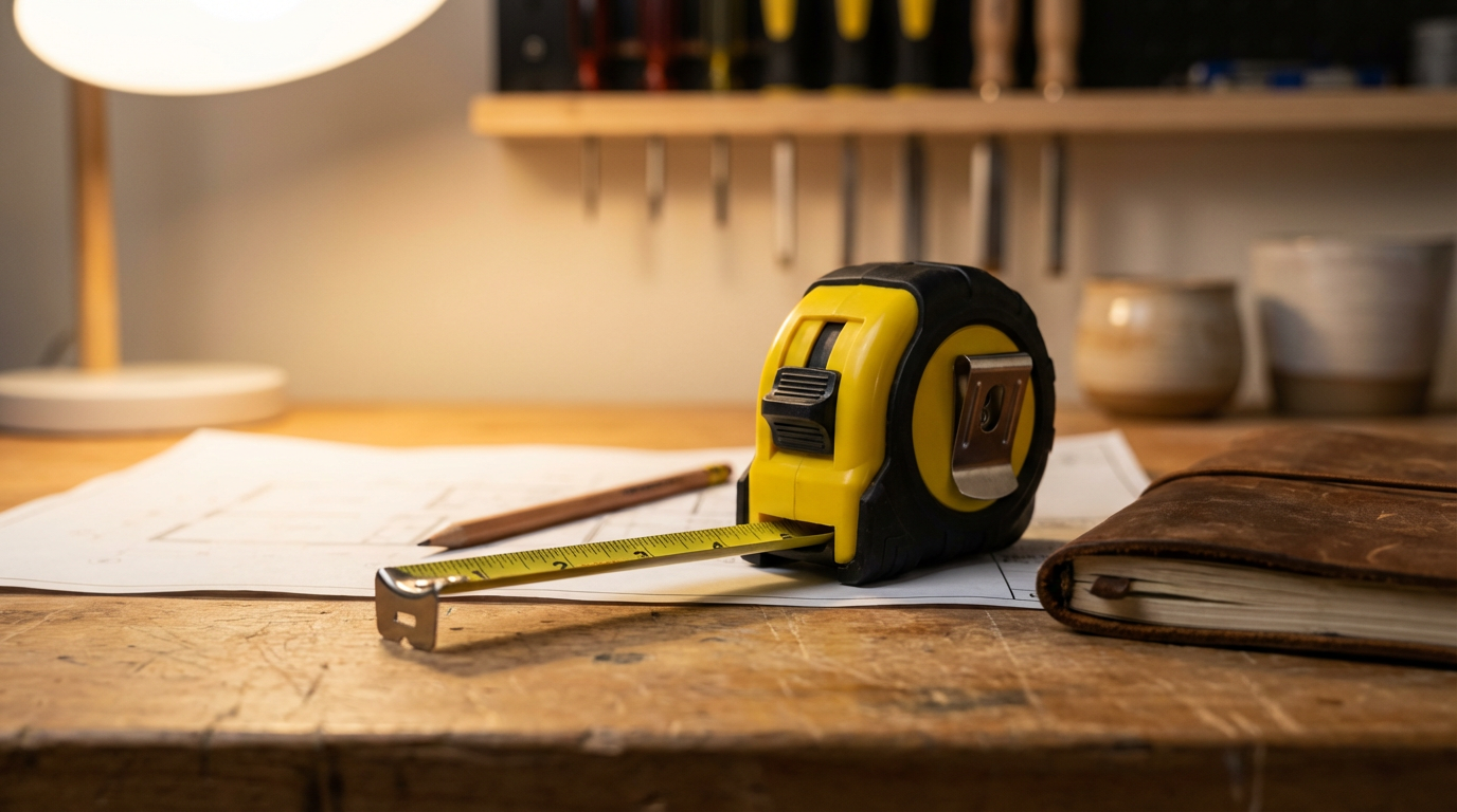 A tape measure, pencil, and rolled leather journal on a wooden workbench with architectural plans. Shelves with tools and bowls are in the background.