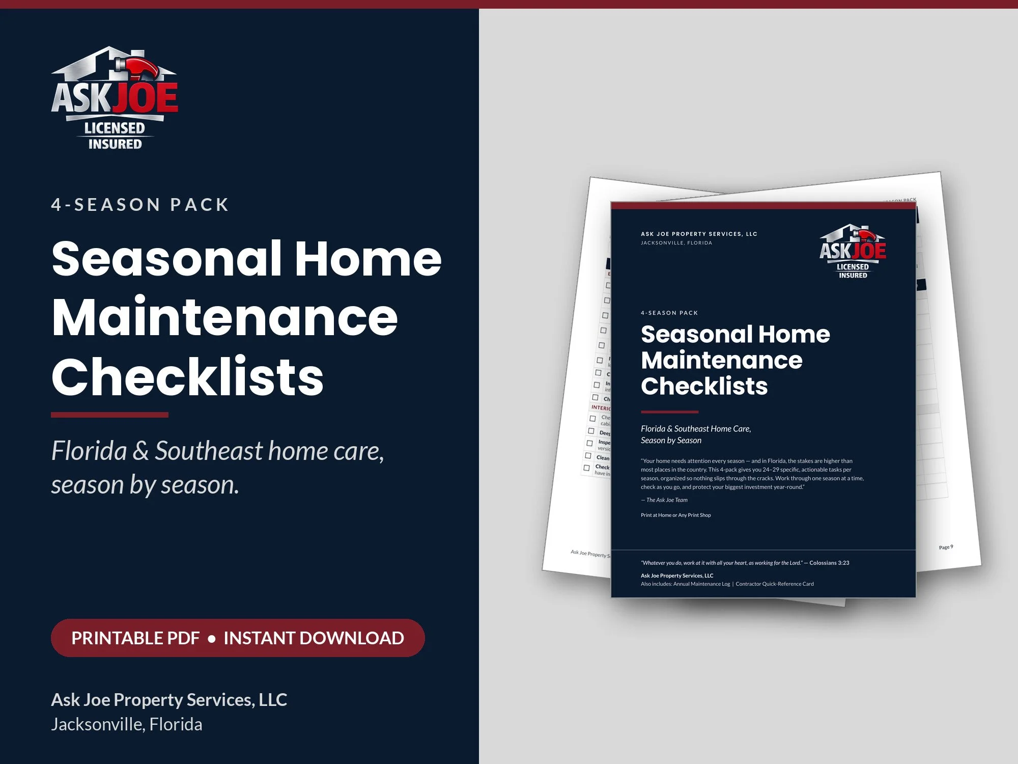 Seasonal Home Maintenance Checklist | 4 Season Home Planner | Florida Home Care | Printable PDF Checklist | Instant Download