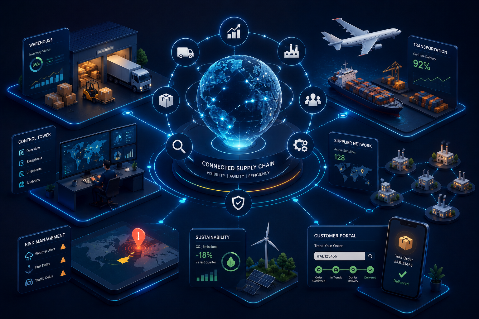Digital illustration of a connected supply chain with global icons, warehouses, transportation methods like trucks and ships, analytics screens, risk management alerts, sustainability data, customer order tracking, and a central globe surrounded by supply chain elements.