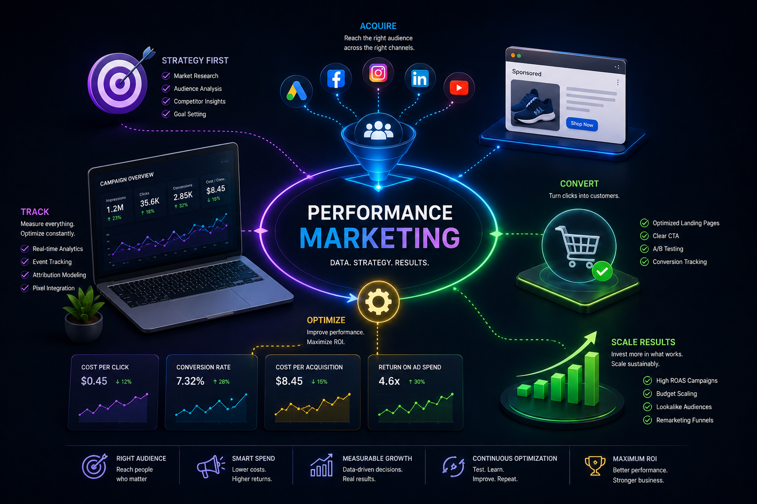 Infographic explaining performance marketing process, including strategy, acquisition, tracking, optimizing, converting, and scaling results, with charts, icons, and mention of digital advertising channels.