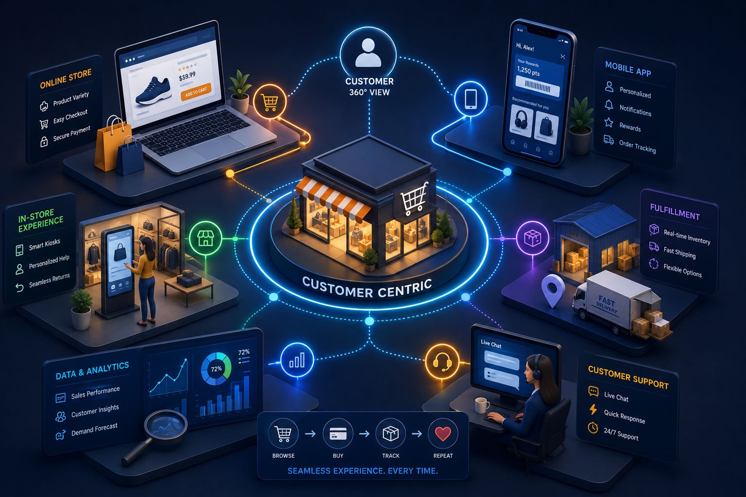 A digital illustration showing a customer-centric online shopping and retail experience, with various components such as online store, in-store experience, data analytics, customer support, mobile app, and fulfillment, all interconnected around a central storefront.
