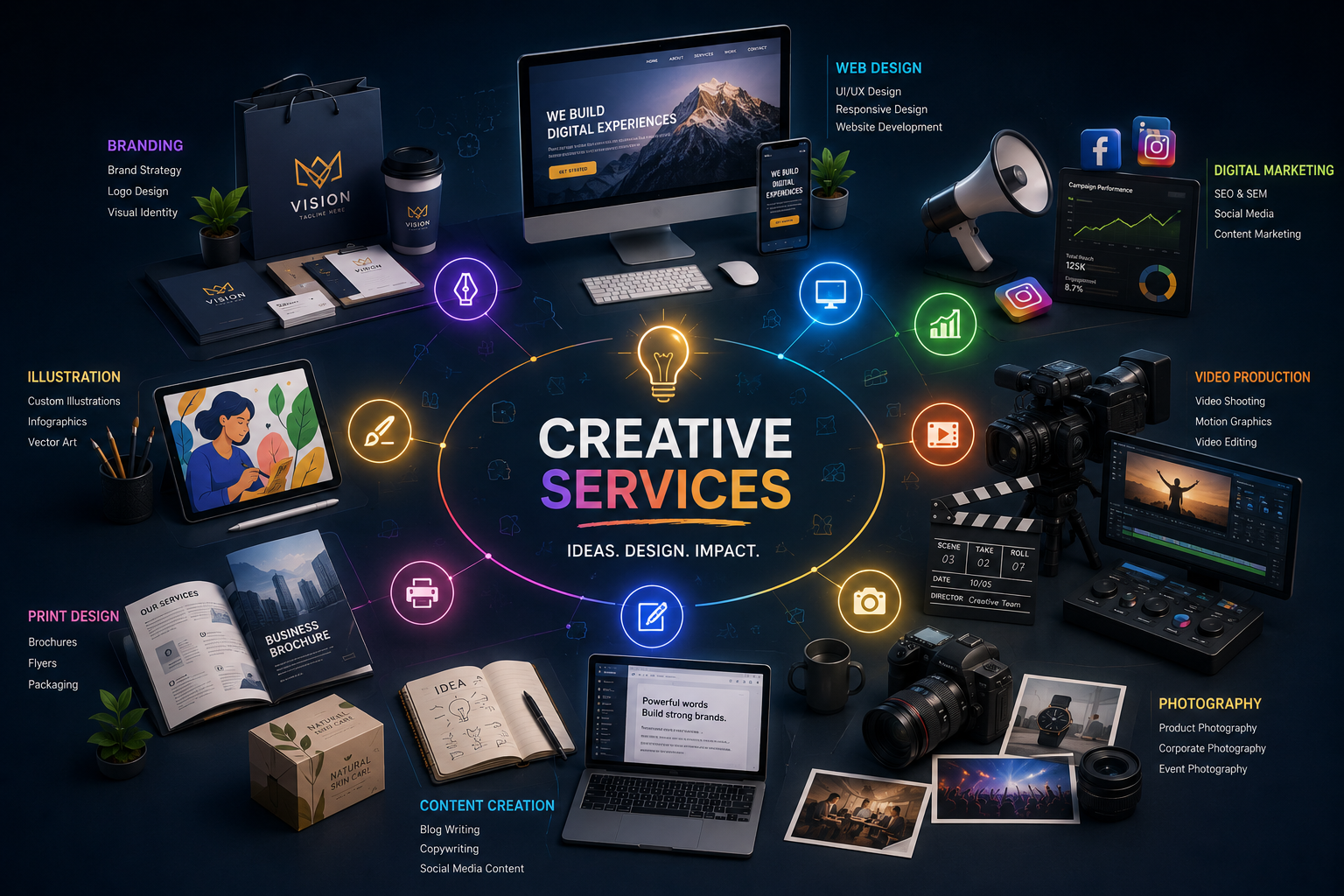 A flat lay of creative services including branding, illustration, print design, content creation, web design, digital marketing, video production, photography, featuring various digital devices, cameras, art supplies, and printed materials with colorful icons and labels.