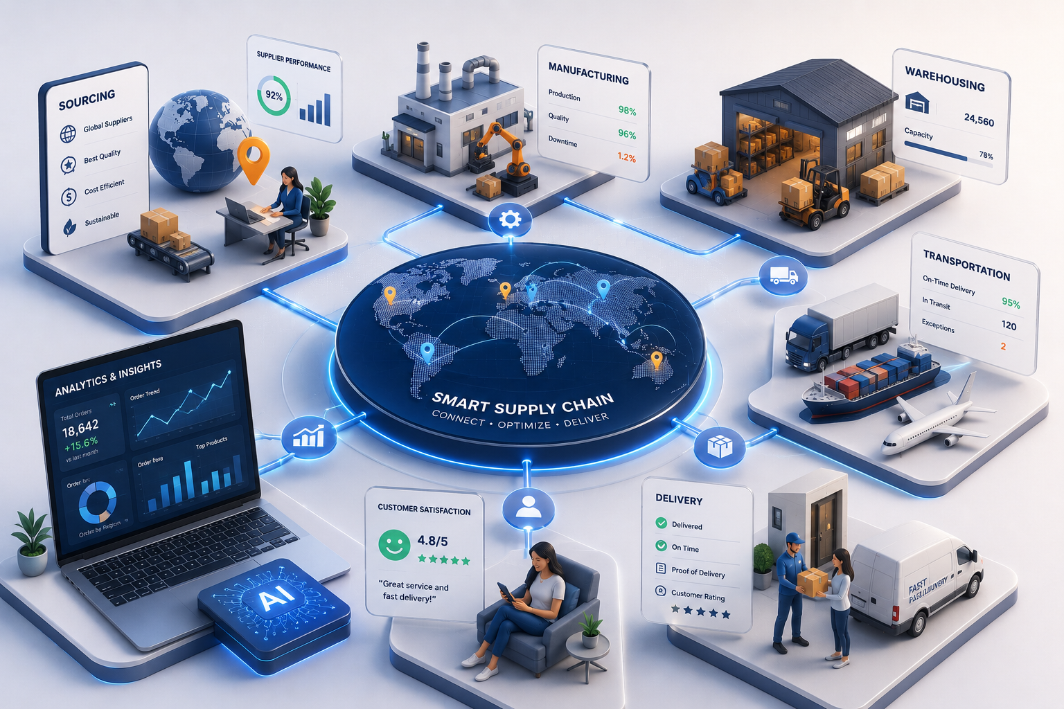 Diagram of a smart supply chain highlighting sourcing, manufacturing, warehousing, transportation, delivery, customer feedback, and analytics through interconnected icons and charts.