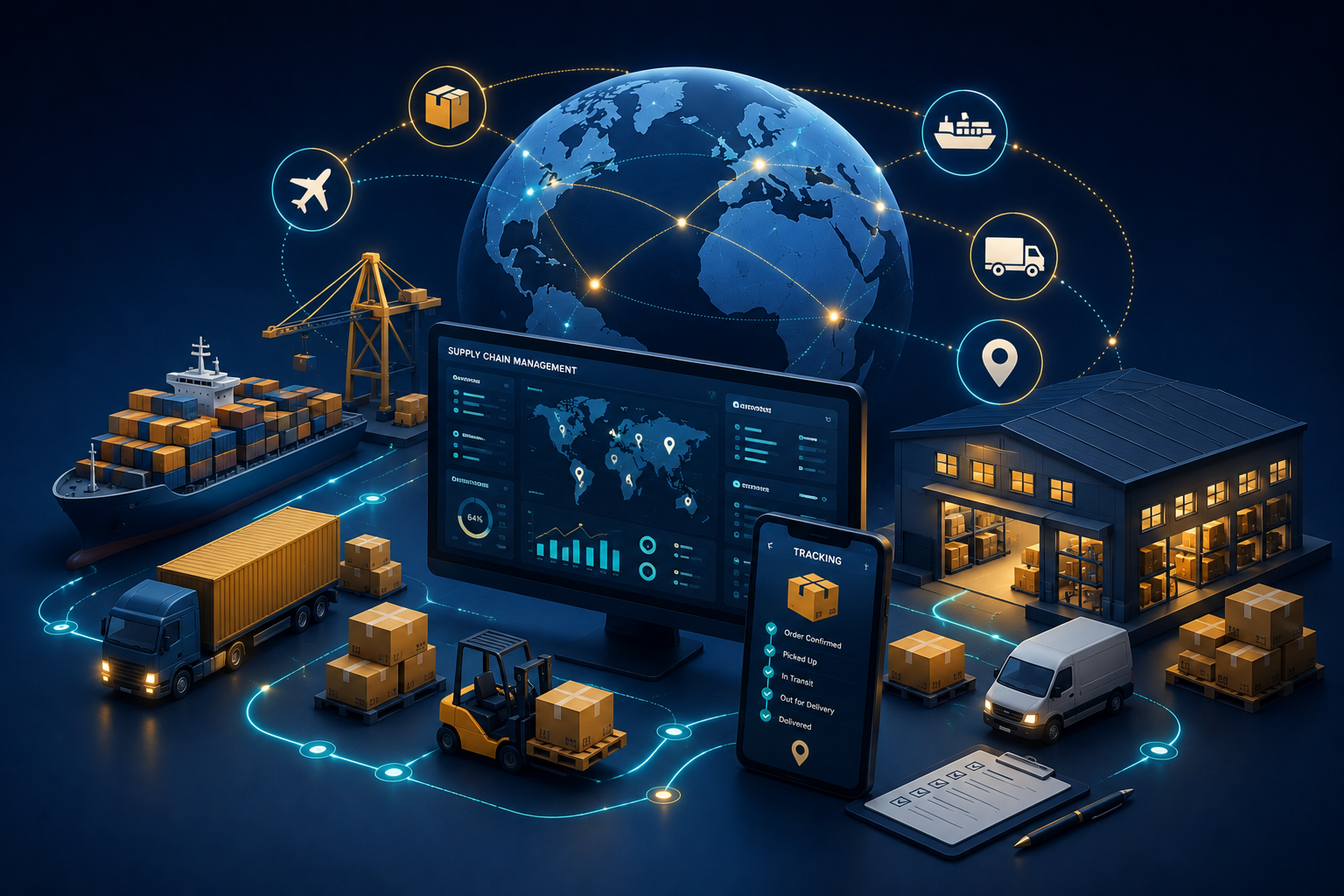 Digital illustration of global supply chain management, showing a cargo ship, trucks, a warehouse, a forklift, and global connectivity icons, with a world map on screens and a globe in the background.