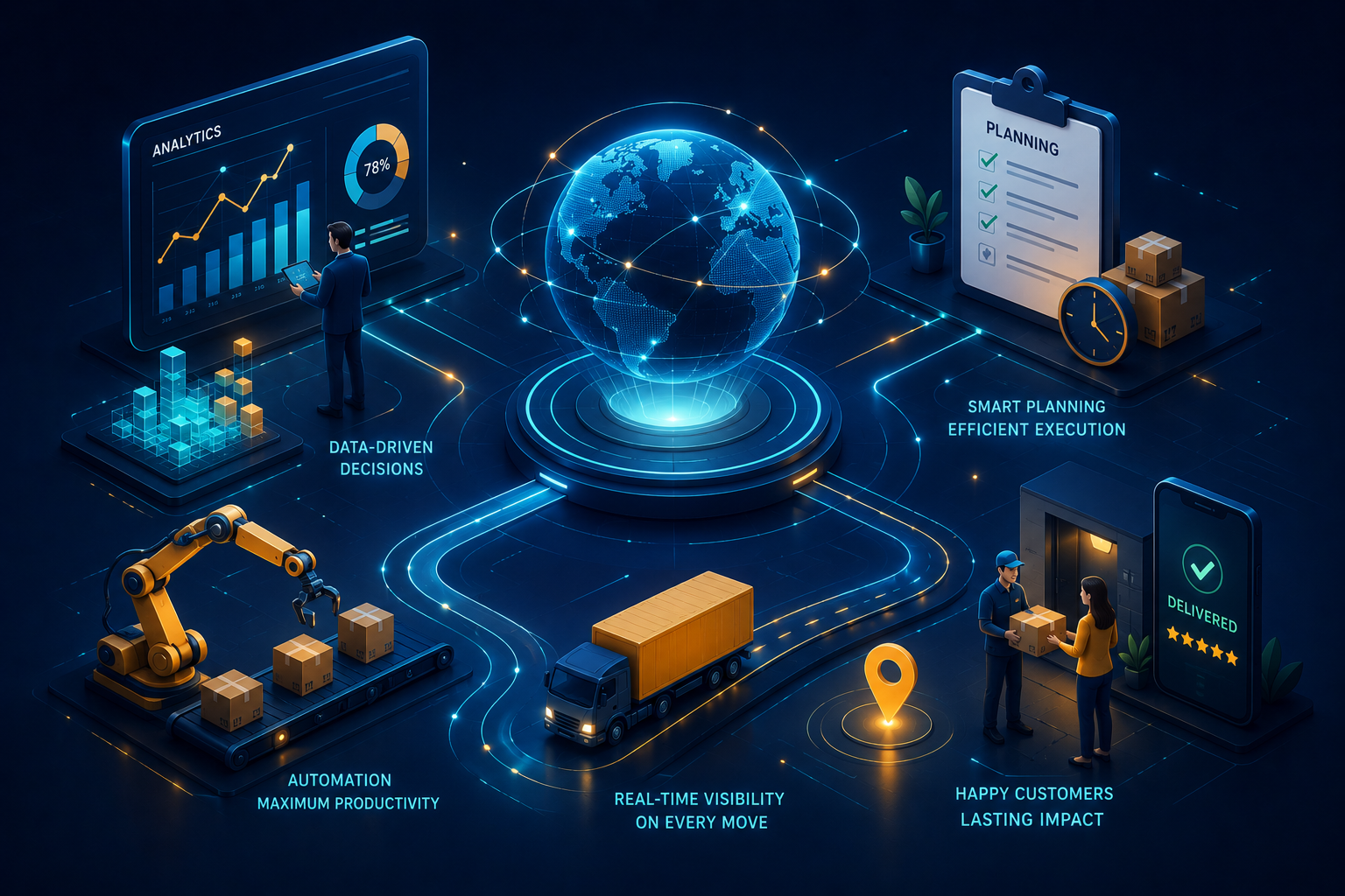 Digital illustration of global supply chain management, featuring data analytics, automation, planning, shipping, and delivery processes with interconnected glowing lines and icons.