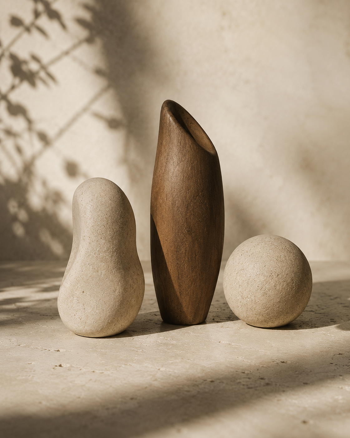 Three minimalist decorative objects: a beige rounded pebble-shaped sculpture, a dark wooden elongated vase, and a beige spherical sculpture, set against a textured light background with shadows of plant leaves.