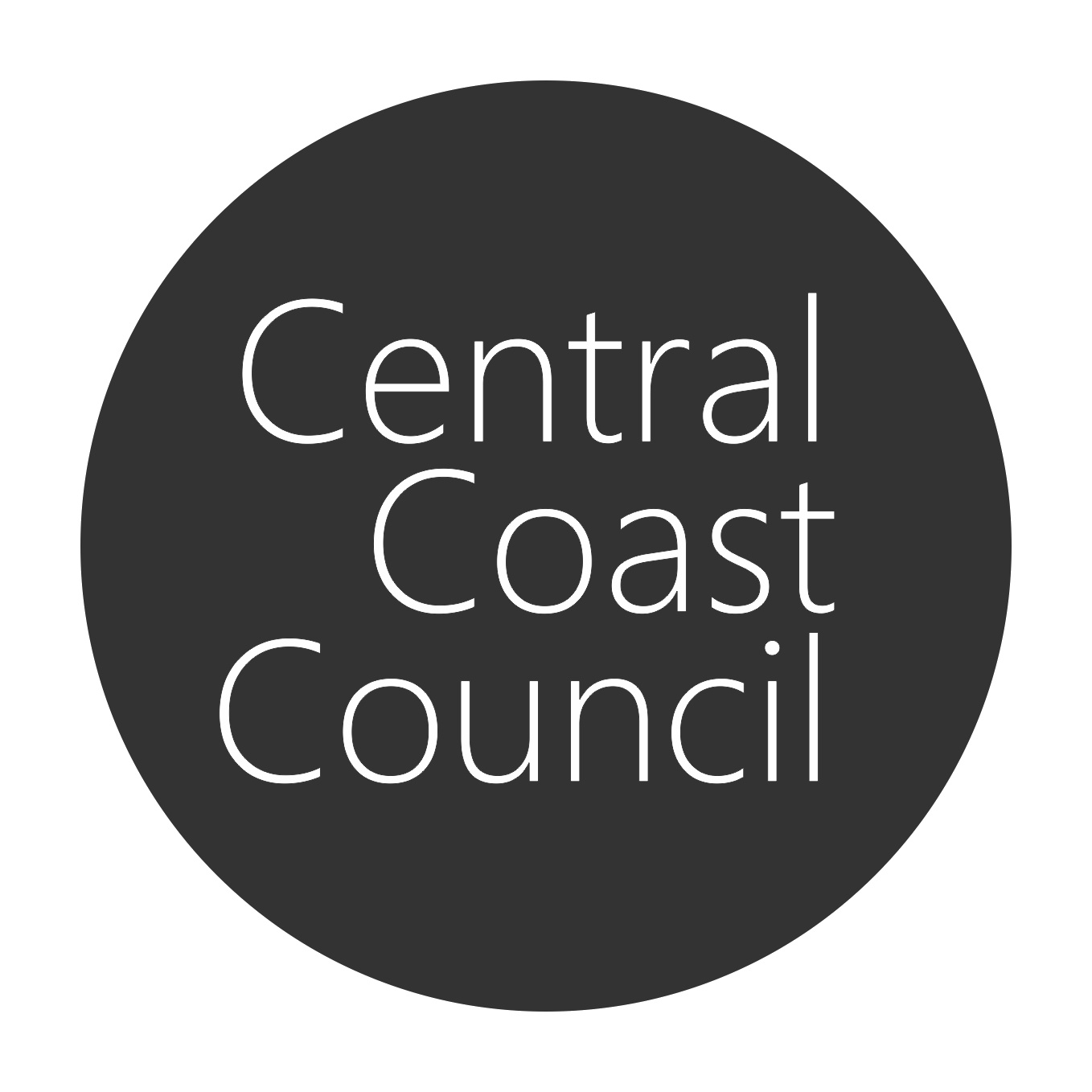 Logo of Central Coast Council in white text on a dark gray circular background.