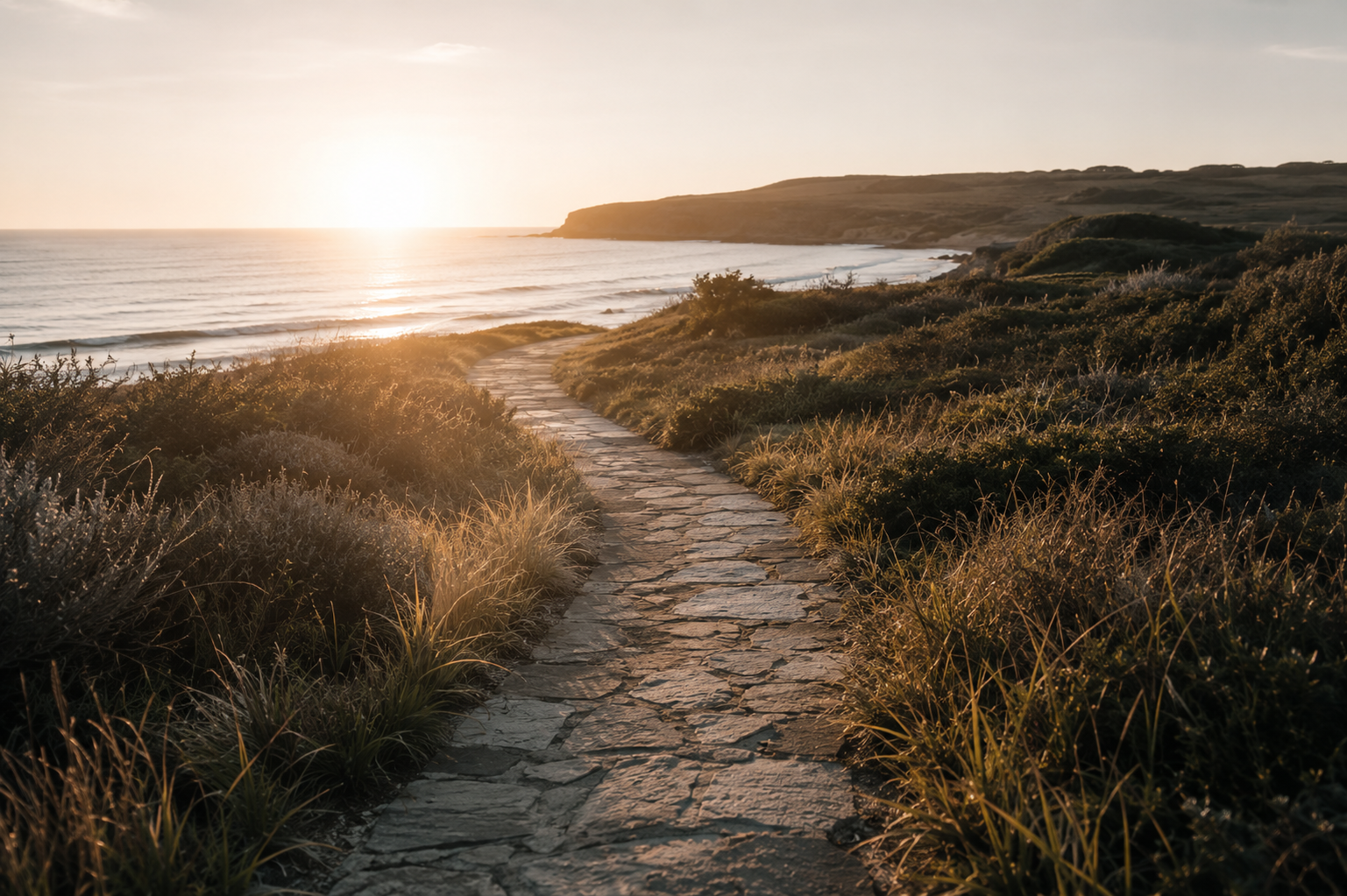 A stone pathway leading towards the beach at sunset, with the ocean on the left and rolling hills in the background.
