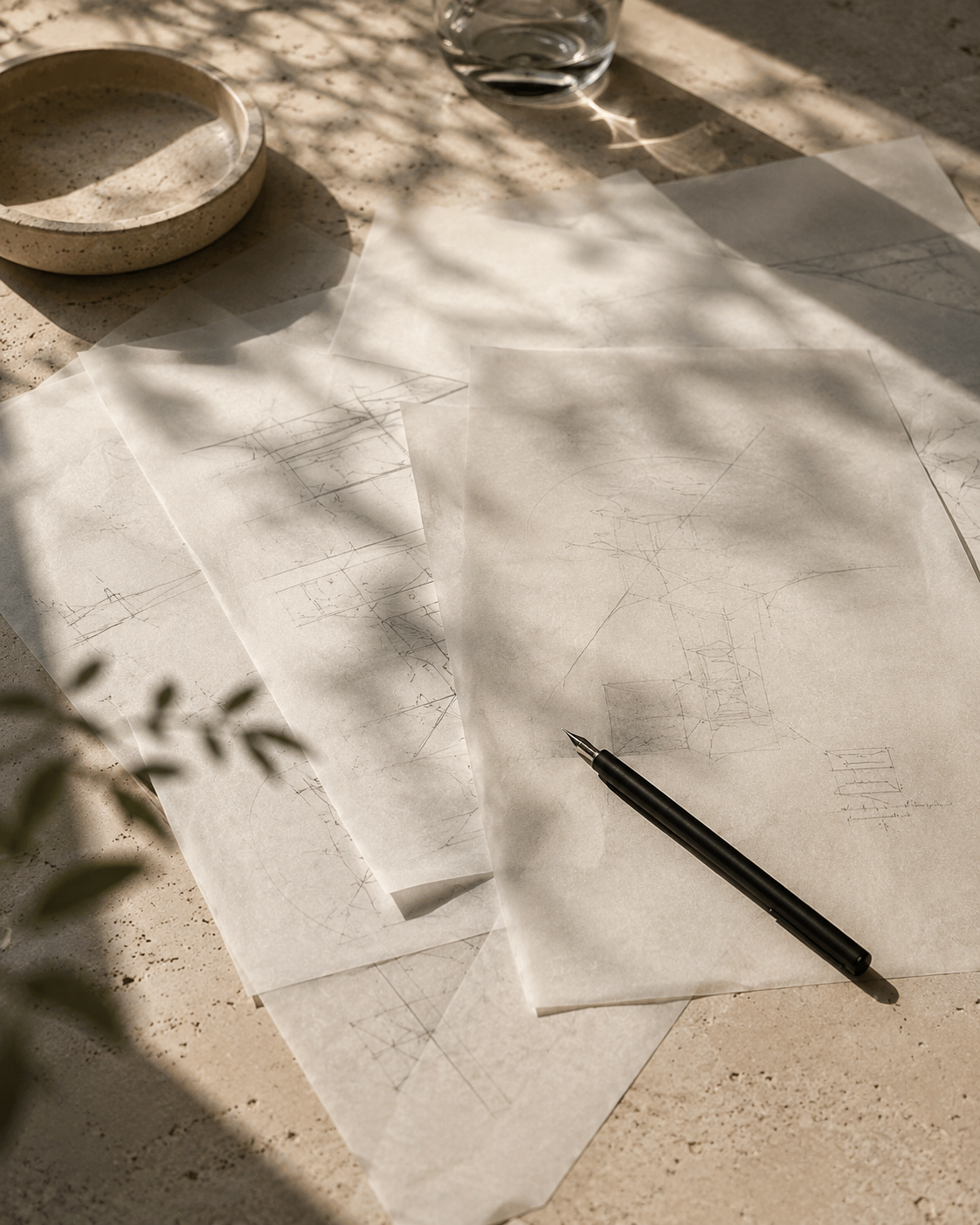 Architectural drawings and sketches on translucent paper, pen, glass of water, and a dish on a sunlit textured table.