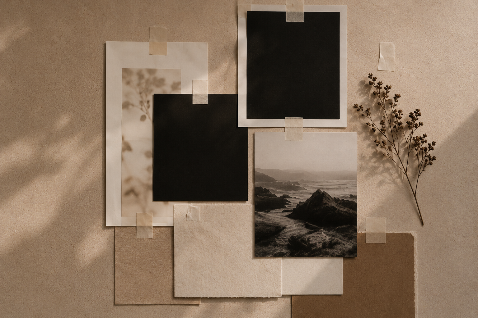 A collage on a beige textured wall includes monochrome photographs, artist papers, tape, and a dried sprig of flowers, creating an abstract and earthy art display.