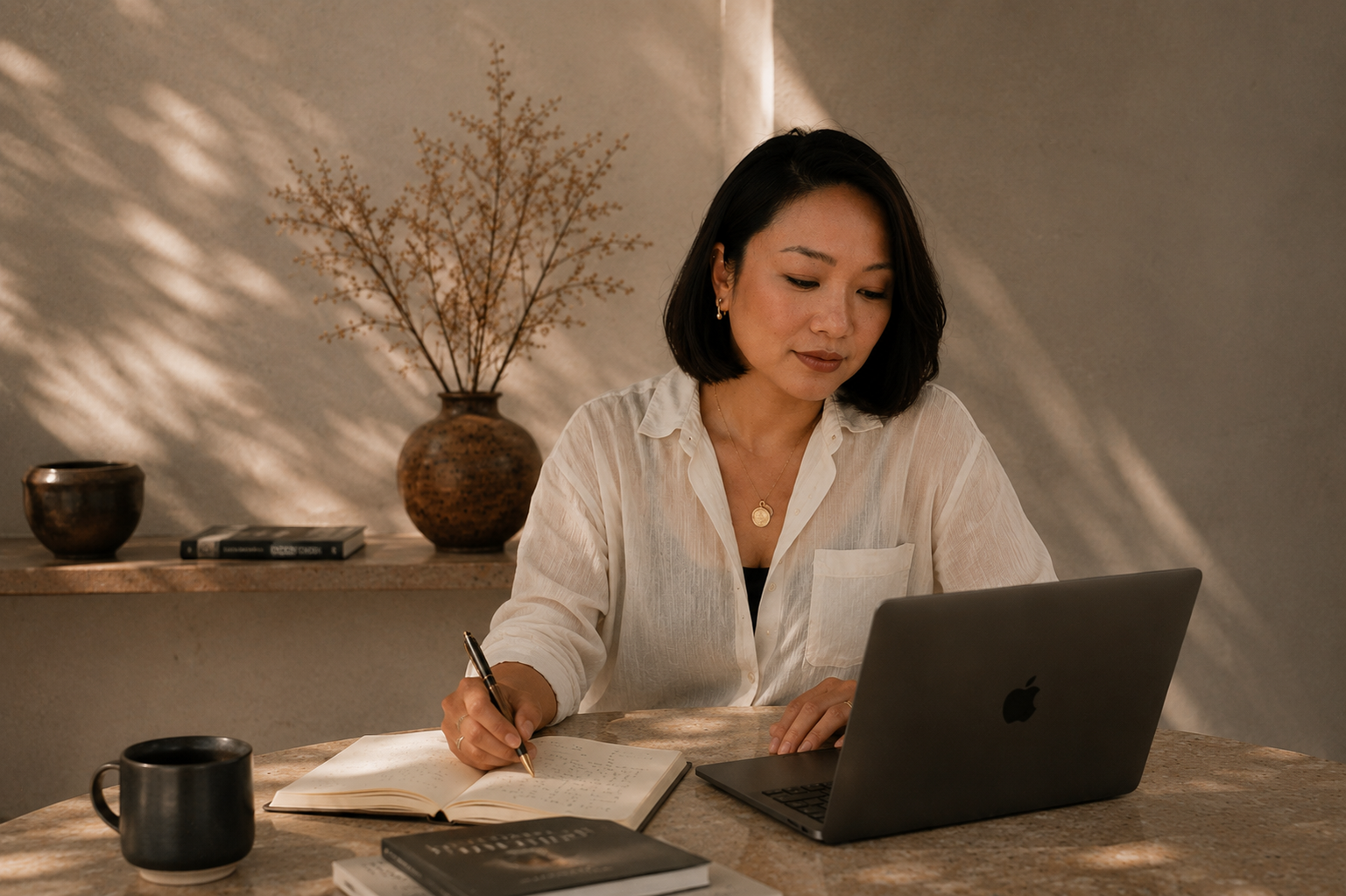 Woman working at a desk with a laptop, notebook, and pen, in a cozy room with warm lighting, decorated with vases and a book.