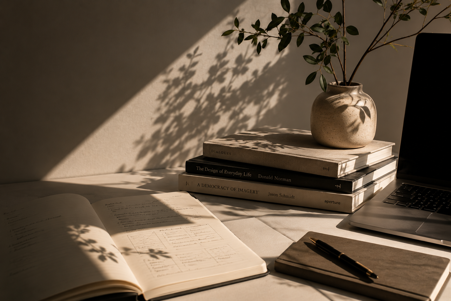 A workspace featuring an open notebook, a stack of books, a laptop, a closed notebook with a pen, and a potted plant with shadow play on the wall.