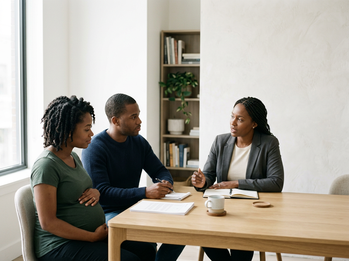 A woman in a blazer talking to a couple, a pregnant woman and a man, seated at a conference table during a meeting or consultation.