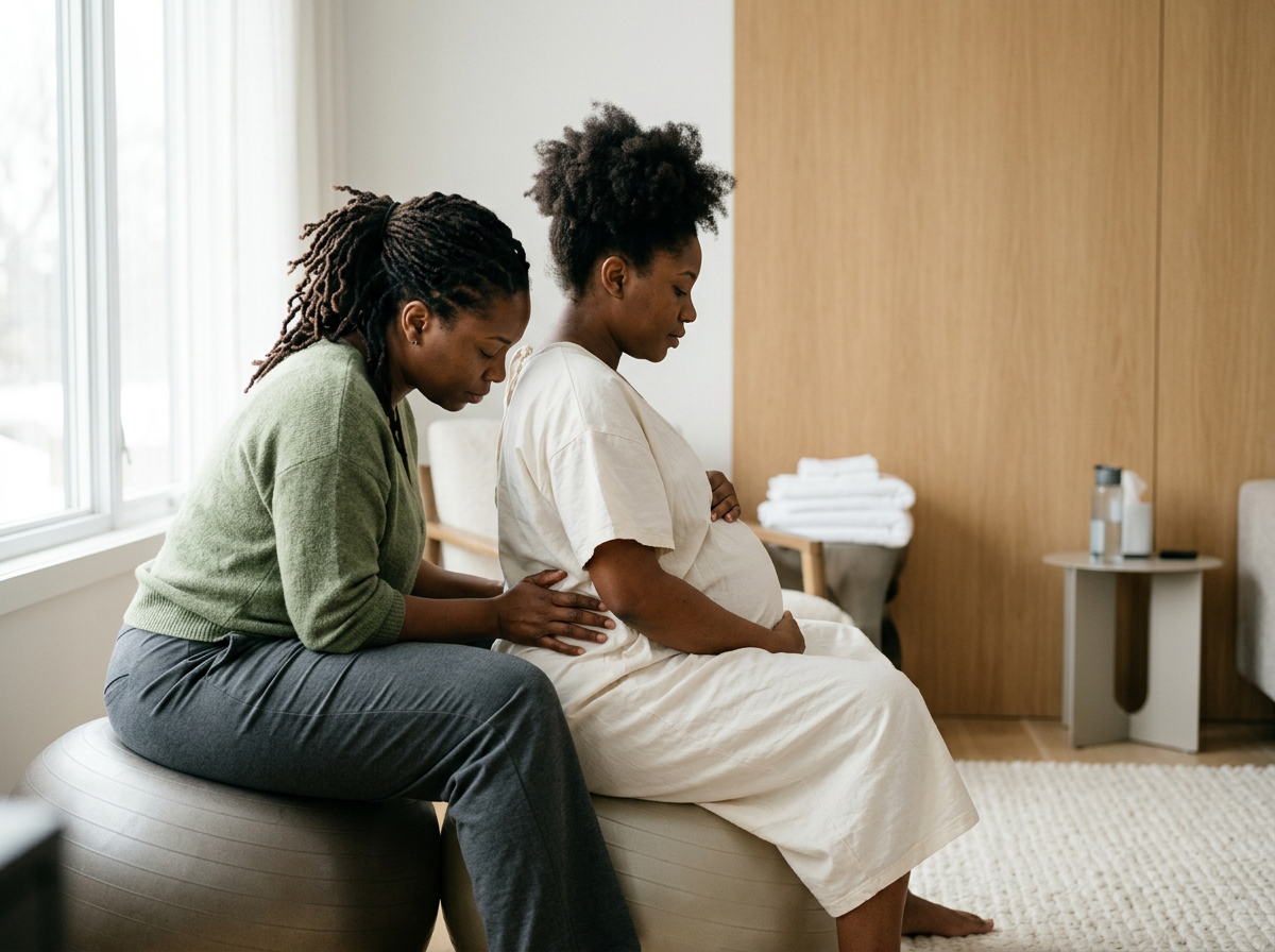 A woman providing prenatal support to a pregnant woman sitting on a bed in a bedroom with natural light.