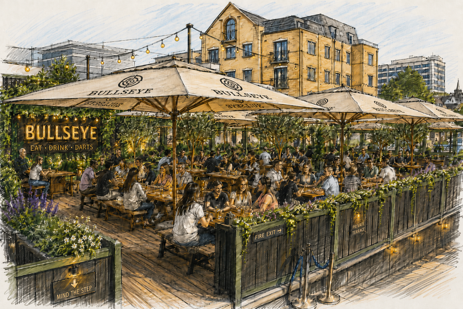 A lively outdoor patio at Bullseye bar with people sitting at wooden tables under large umbrellas, surrounded by greenery and string lights, with buildings in the background.