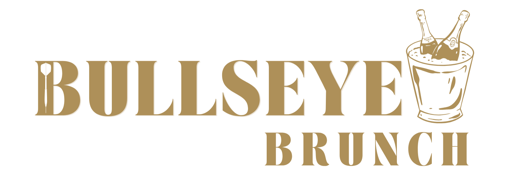 Logo for Bullseye Brunch featuring a gold-colored word "BULLSEYE" with a dart inside the letter "B" and a drawing of a bowl with two chicken drumsticks in it next to the word "BRUNCH".