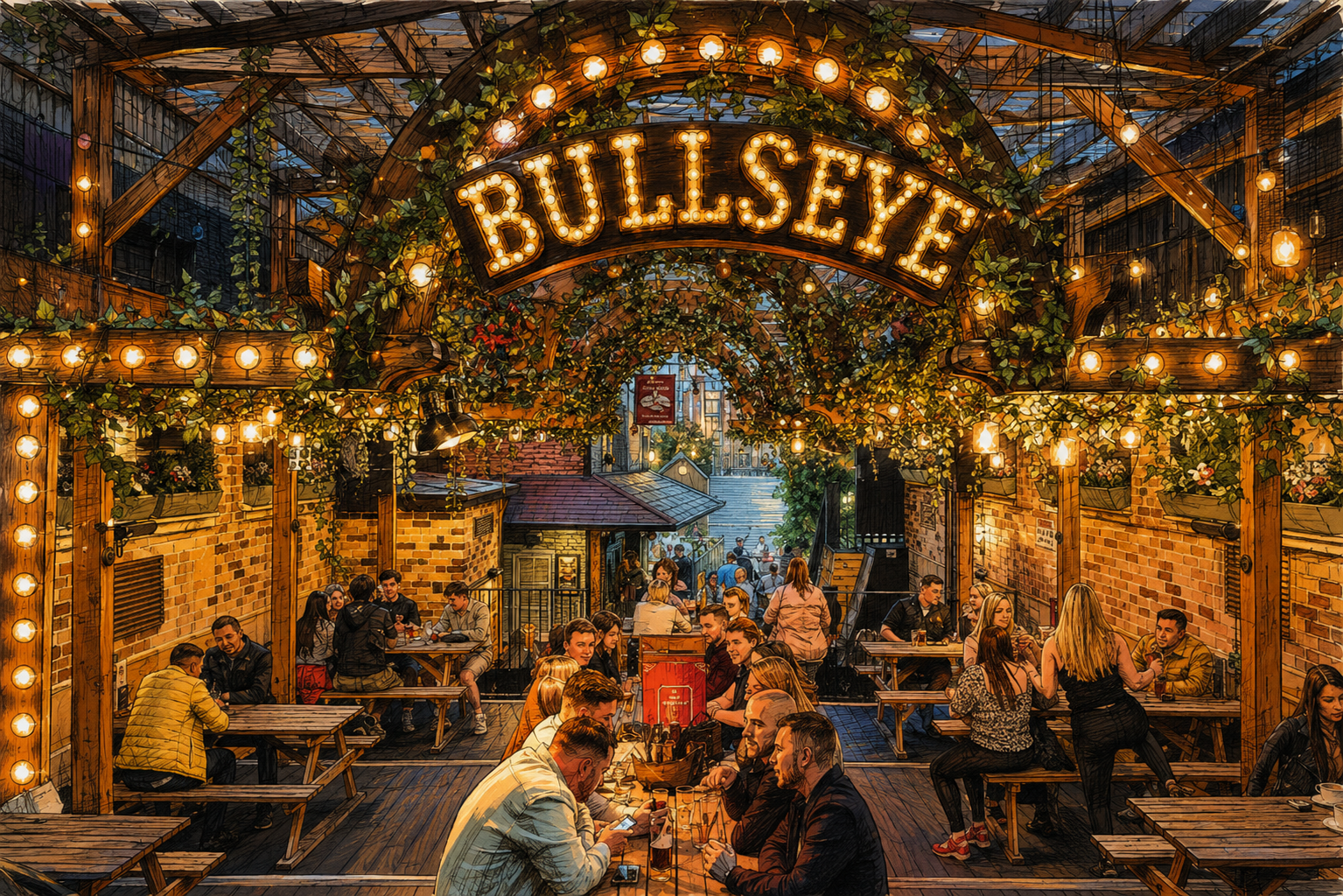 An outdoor bar or restaurant area named 'Bulleye' with string lights, greenery, and people dining and socializing under a large wooden arch with the sign 'BULLEYE' illuminated.
