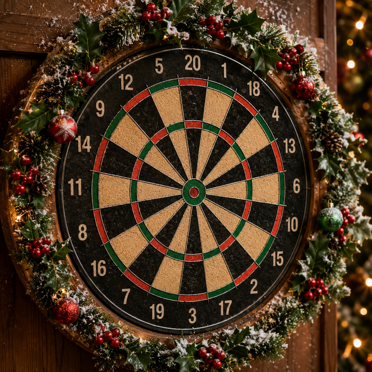 Decorated Christmas-themed dartboard with holly, pinecones, red and green ornaments, and snowflake decorations, surrounded by Christmas lights.