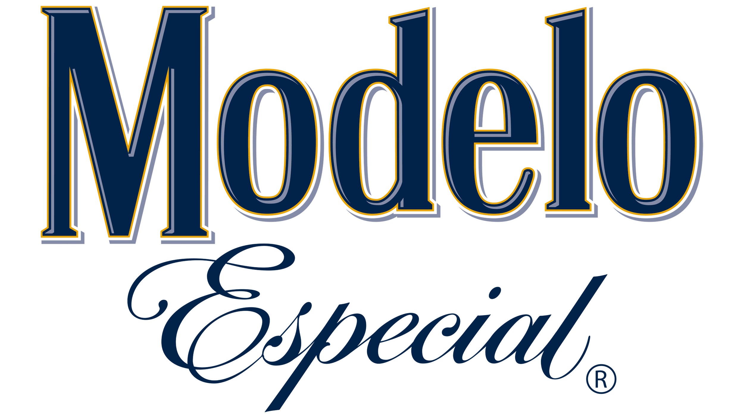 The logo for Modelo Especial beer, featuring the word 'Modelo' in large navy blue letters with gold outlines and 'Especial' in cursive below.