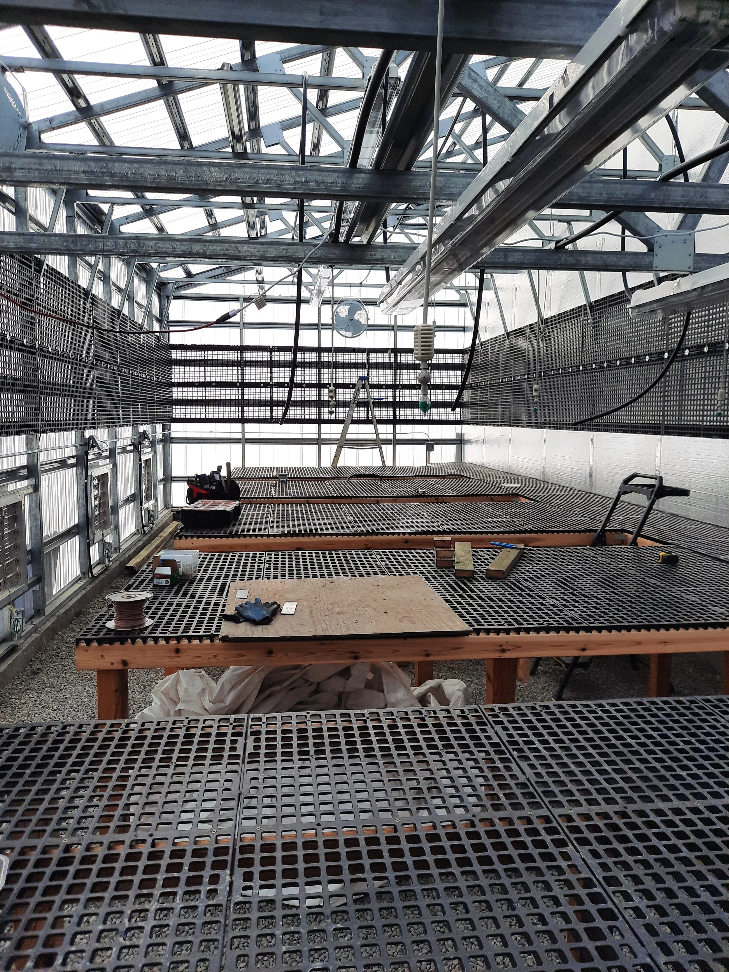 Interior of an industrial greenhouse or plant growth lab with metal framework, pipes, and tools on custom plant tables